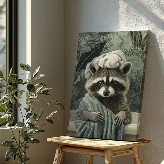 Spa raccoon canvas wall art featuring a raccoon wrapped in a green towel with a towel turban against leafy vintage background