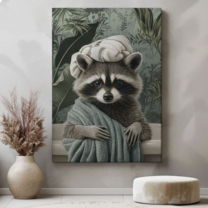 Spa raccoon canvas wall art featuring a raccoon wrapped in a green towel with a towel turban against leafy vintage background