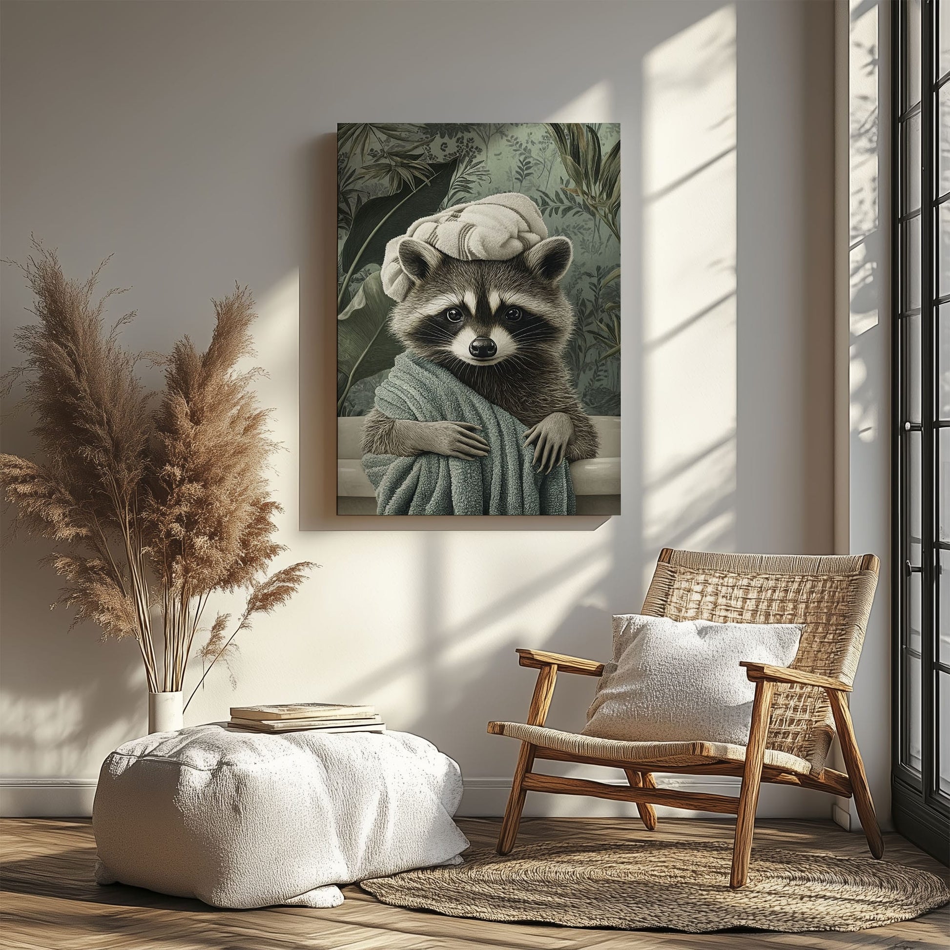 Spa raccoon canvas wall art featuring a raccoon wrapped in a green towel with a towel turban against leafy vintage background