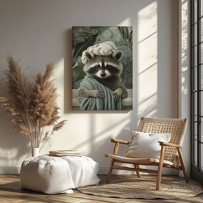 Spa raccoon canvas wall art featuring a raccoon wrapped in a green towel with a towel turban against leafy vintage background