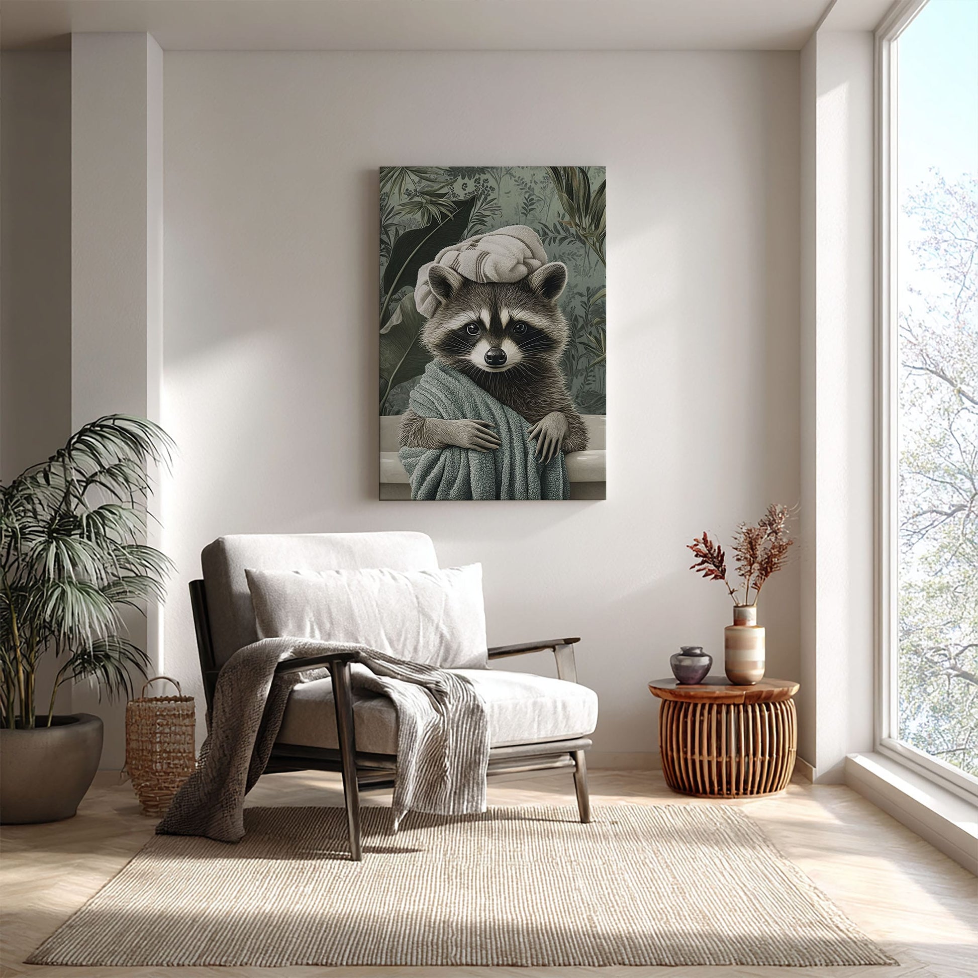 Spa raccoon canvas wall art featuring a raccoon wrapped in a green towel with a towel turban against leafy vintage background