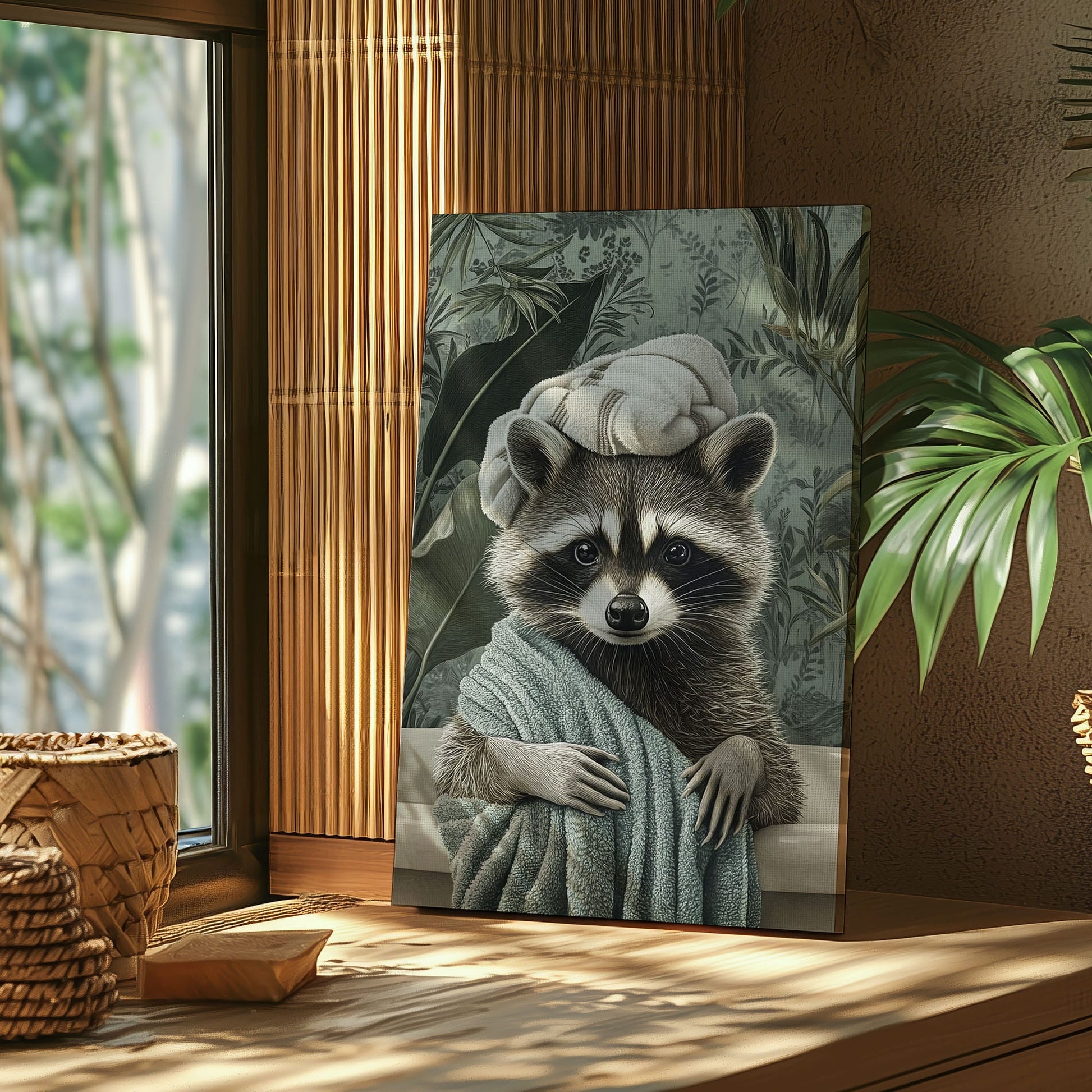 Spa raccoon canvas wall art featuring a raccoon wrapped in a green towel with a towel turban against leafy vintage background