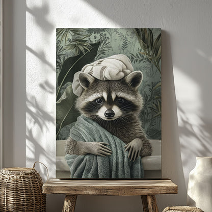 Spa raccoon canvas wall art featuring a raccoon wrapped in a green towel with a towel turban against leafy vintage background