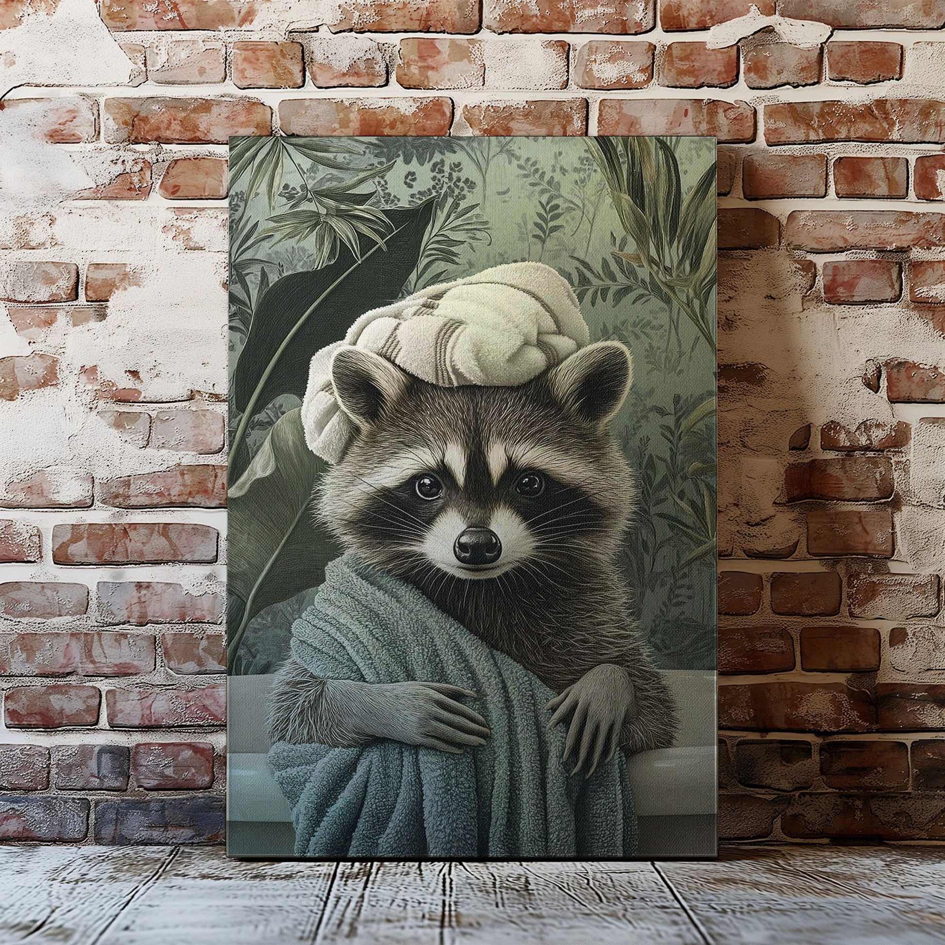 Spa raccoon canvas wall art featuring a raccoon wrapped in a green towel with a towel turban against leafy vintage background