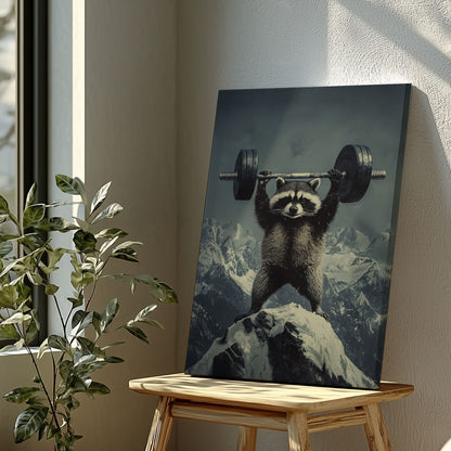 Feral raccoon lifting weights canvas wall art featuring a raccoon holding a barbell on snowy mountain peak in motivational funny style