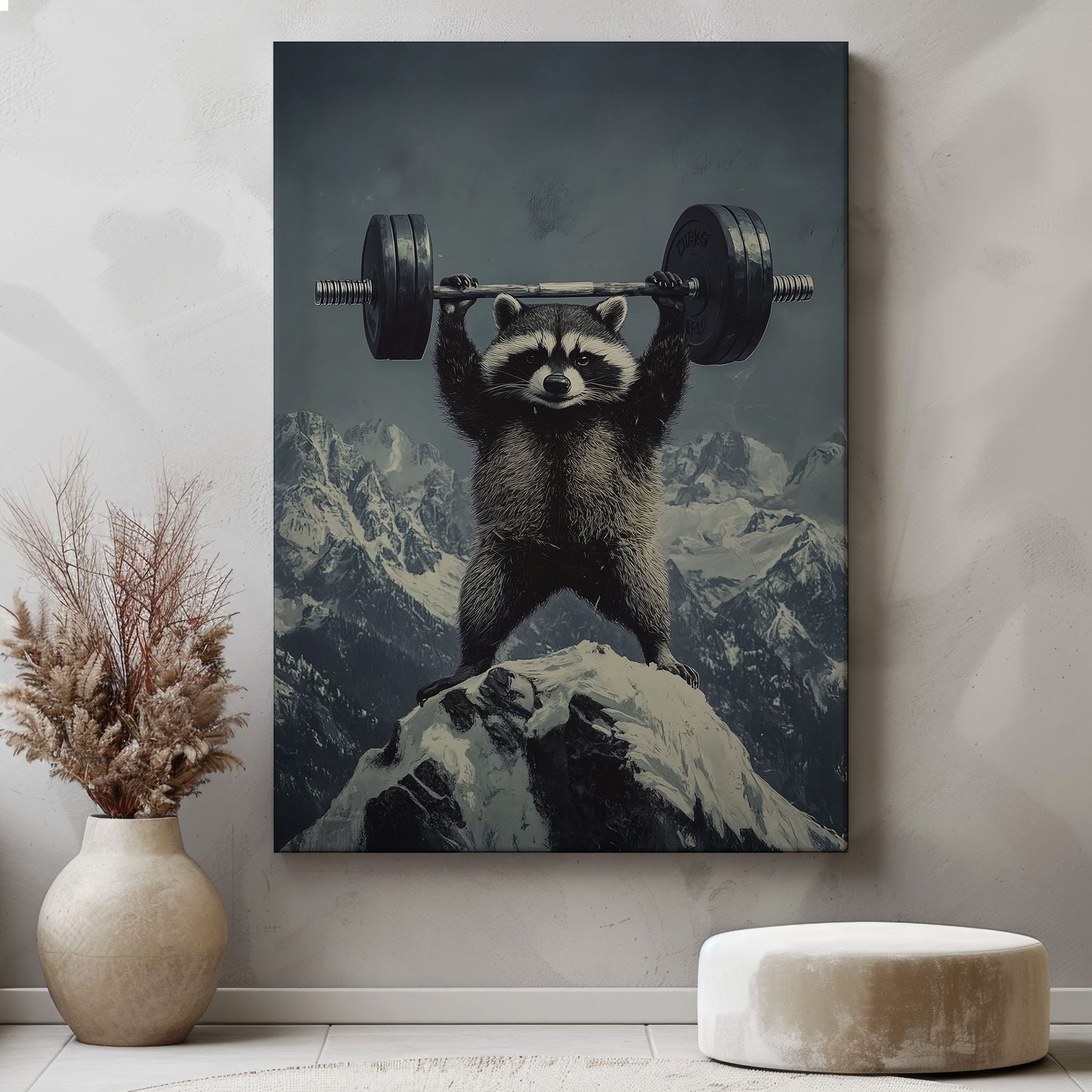 Feral raccoon lifting weights canvas wall art featuring a raccoon holding a barbell on snowy mountain peak in motivational funny style