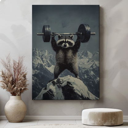 Feral raccoon lifting weights canvas wall art featuring a raccoon holding a barbell on snowy mountain peak in motivational funny style