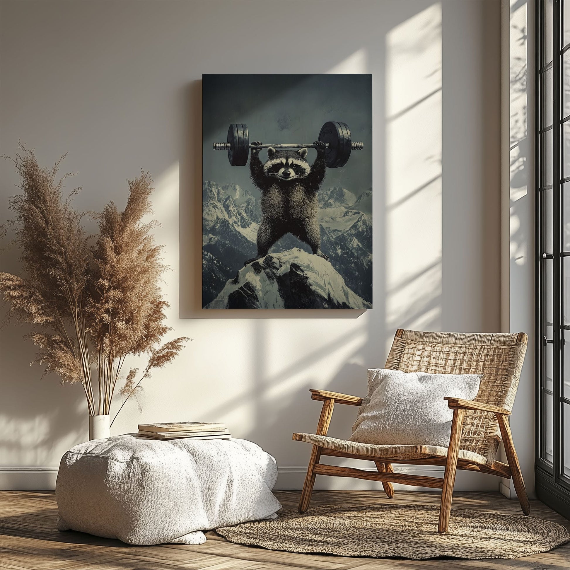 Feral raccoon lifting weights canvas wall art featuring a raccoon holding a barbell on snowy mountain peak in motivational funny style