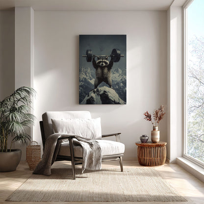 Feral raccoon lifting weights canvas wall art featuring a raccoon holding a barbell on snowy mountain peak in motivational funny style