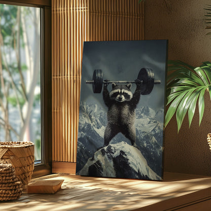 Feral raccoon lifting weights canvas wall art featuring a raccoon holding a barbell on snowy mountain peak in motivational funny style
