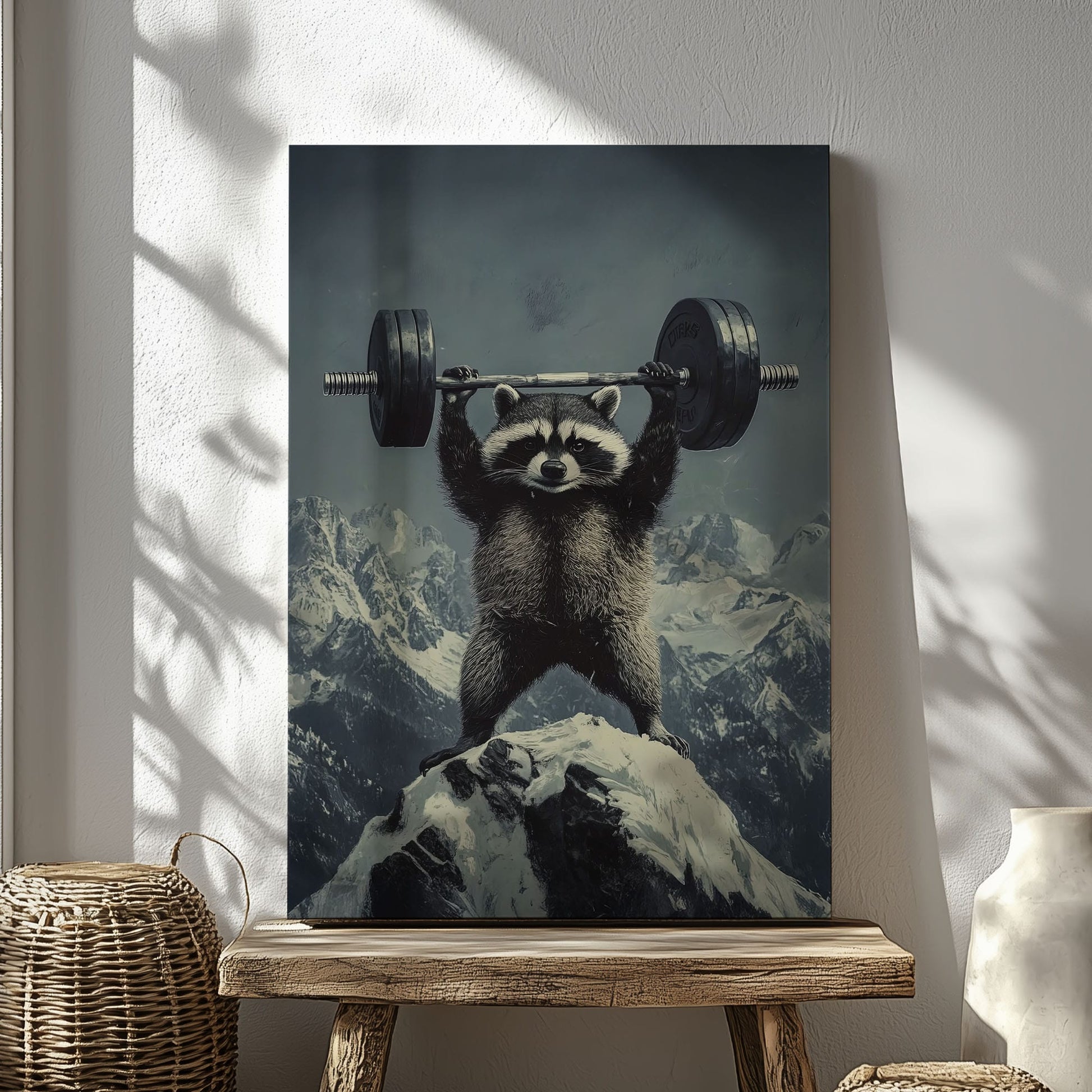 Feral raccoon lifting weights canvas wall art featuring a raccoon holding a barbell on snowy mountain peak in motivational funny style