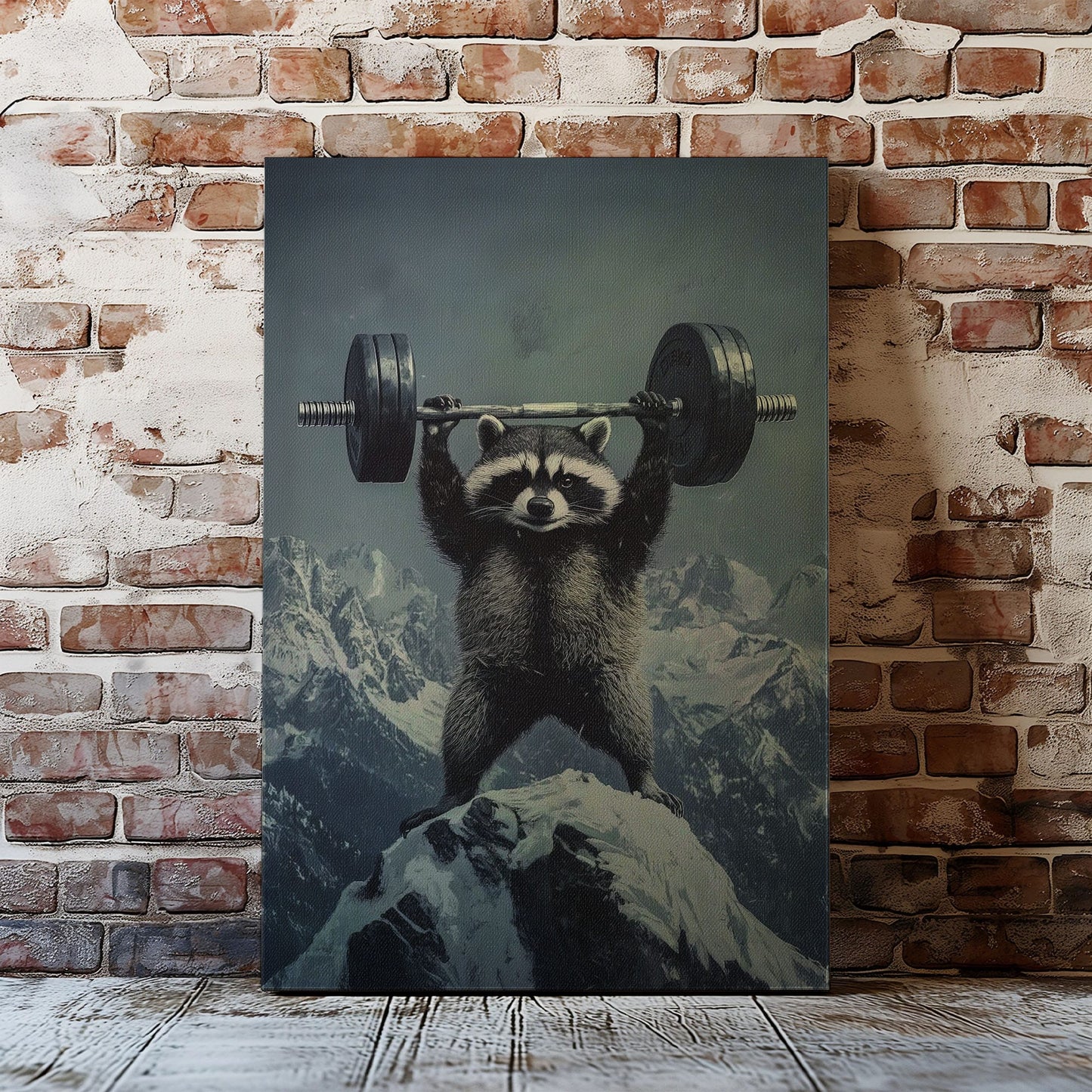 Feral raccoon lifting weights canvas wall art featuring a raccoon holding a barbell on snowy mountain peak in motivational funny style