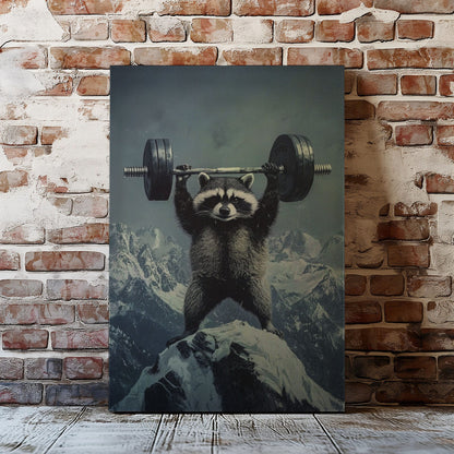 Feral raccoon lifting weights canvas wall art featuring a raccoon holding a barbell on snowy mountain peak in motivational funny style