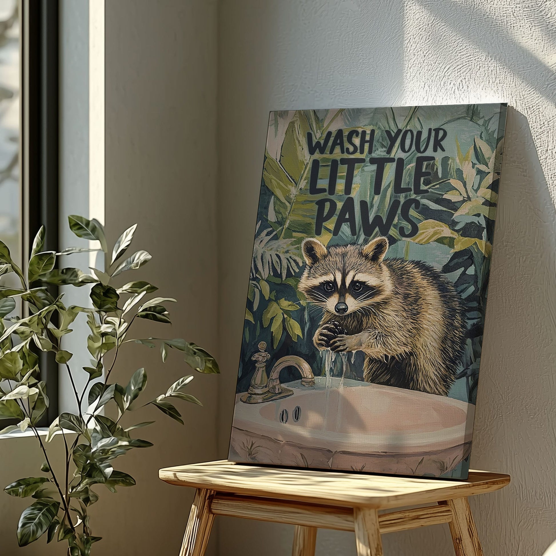 Wash Your Little Paws raccoon canvas wall art featuring a raccoon washing hands at sink with green tropical leaves background