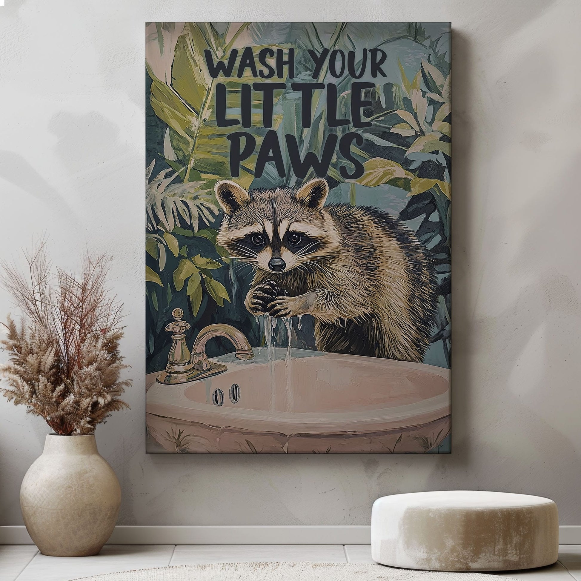 Wash Your Little Paws raccoon canvas wall art featuring a raccoon washing hands at sink with green tropical leaves background