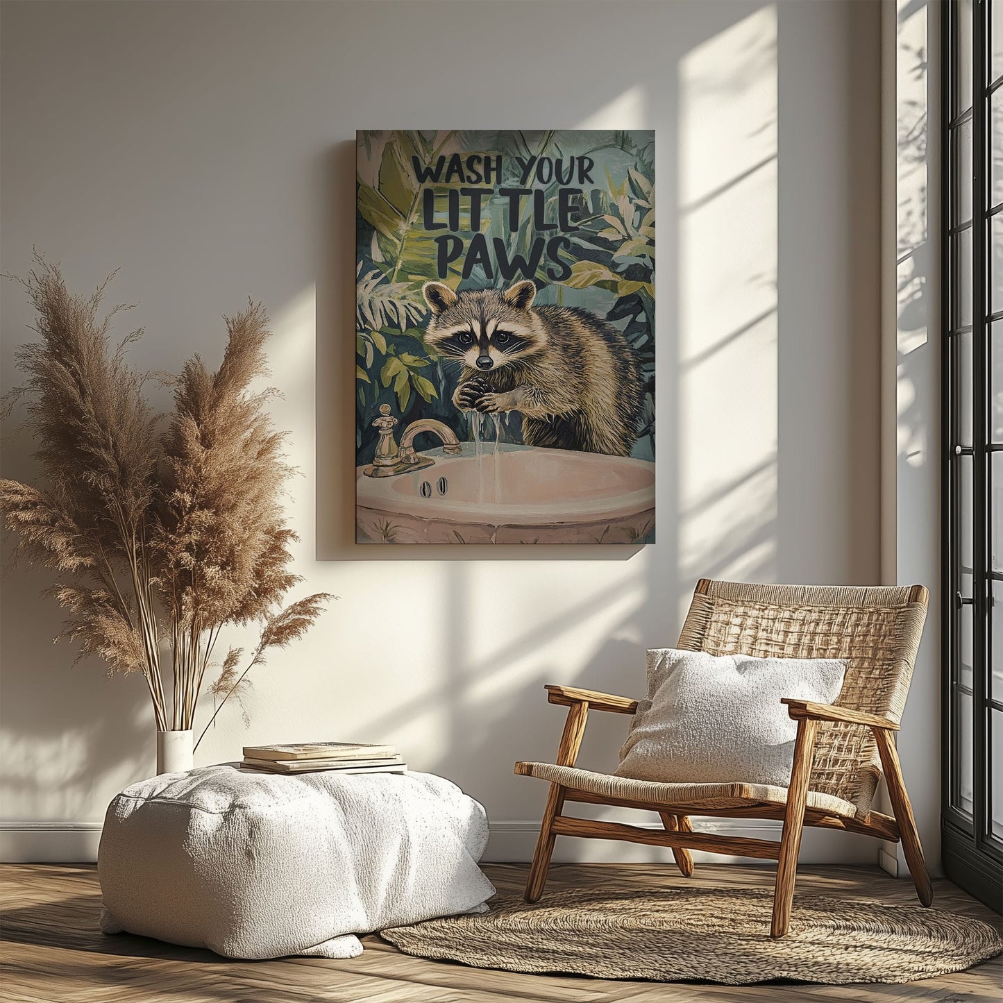 Wash Your Little Paws raccoon canvas wall art featuring a raccoon washing hands at sink with green tropical leaves background