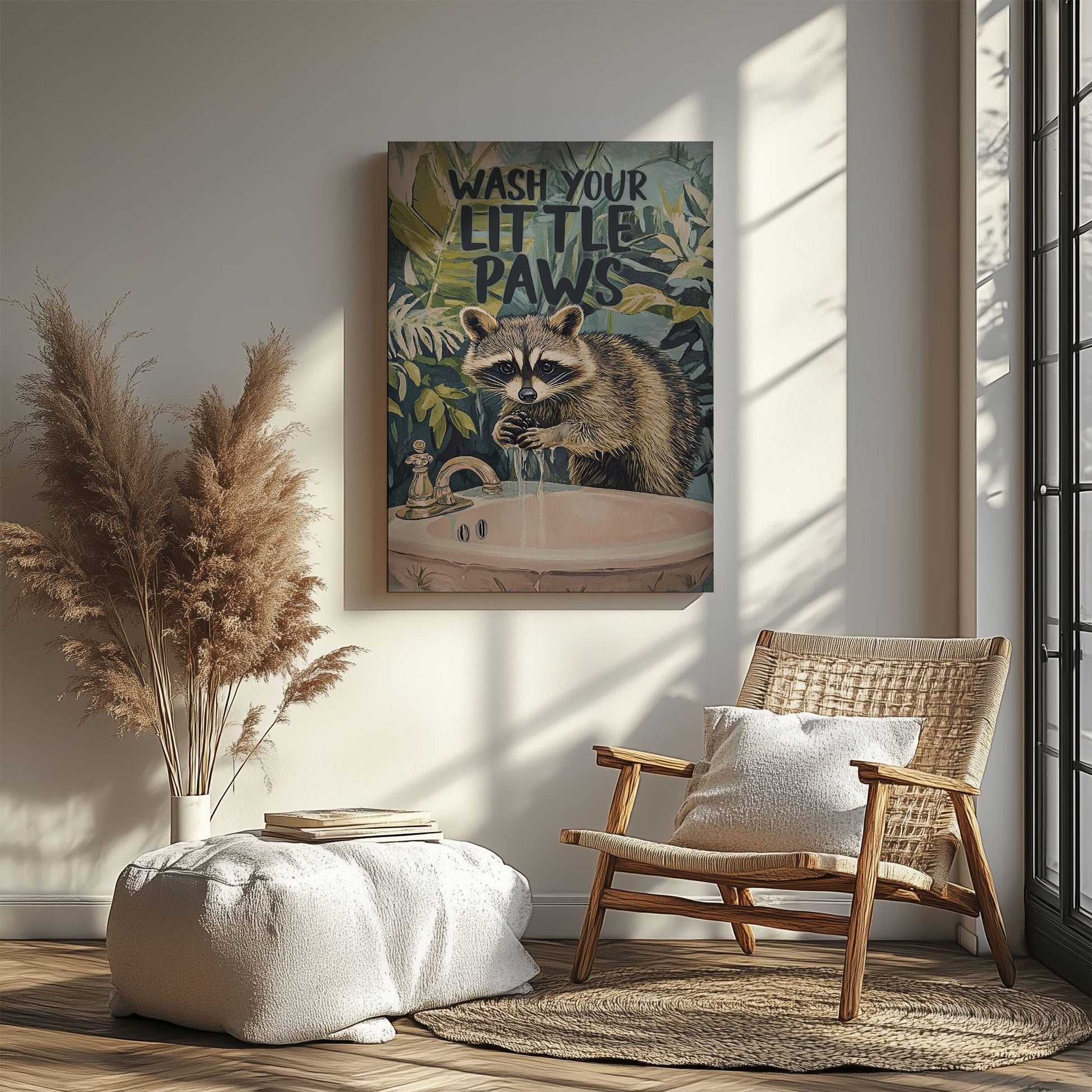 Wash Your Little Paws raccoon canvas wall art featuring a raccoon washing hands at sink with green tropical leaves background