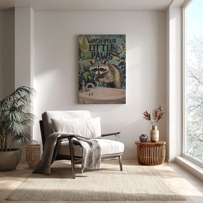 Wash Your Little Paws raccoon canvas wall art featuring a raccoon washing hands at sink with green tropical leaves background