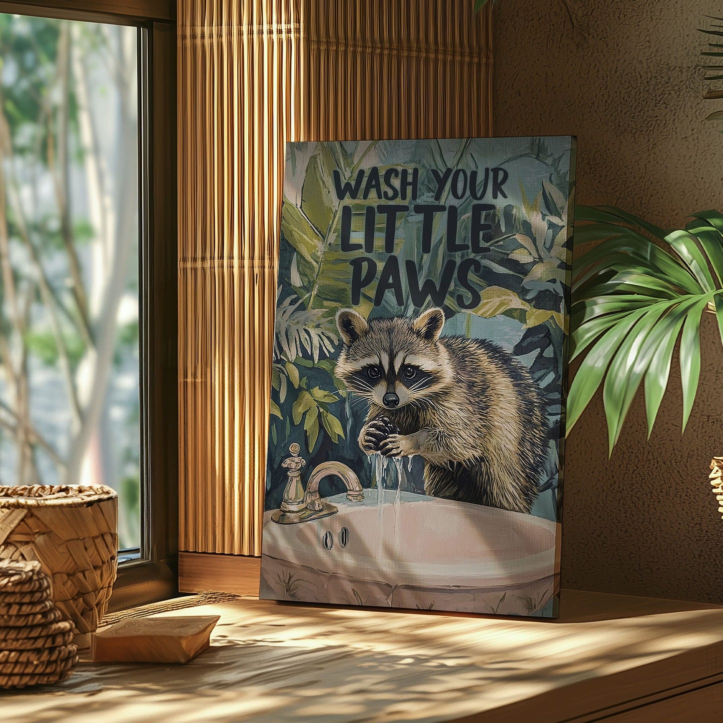 Wash Your Little Paws raccoon canvas wall art featuring a raccoon washing hands at sink with green tropical leaves background