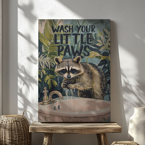 Wash Your Little Paws raccoon canvas wall art featuring a raccoon washing hands at sink with green tropical leaves background