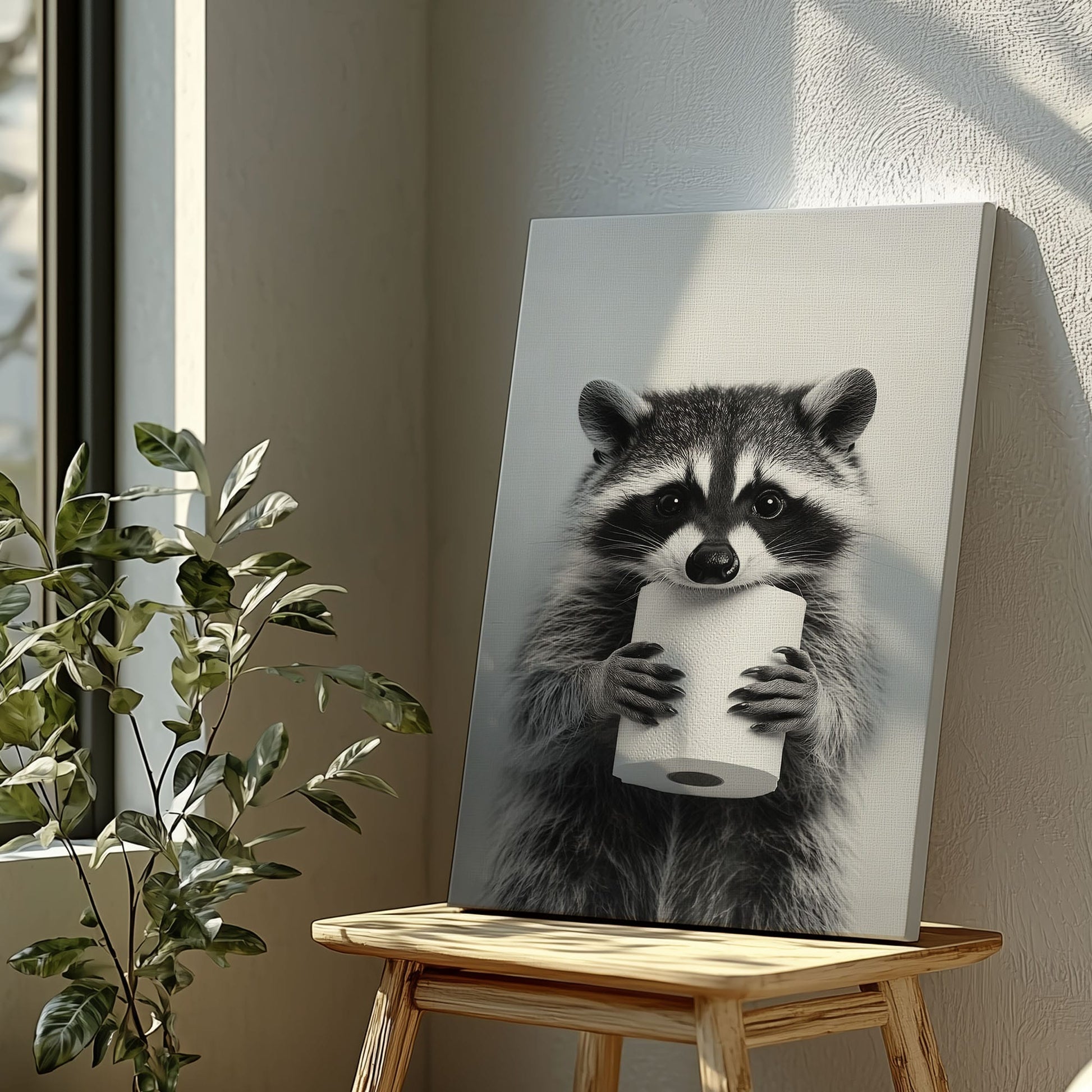 Funny raccoon canvas wall art featuring a raccoon holding a toilet paper roll in black and white minimalist style