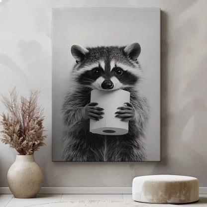 Funny raccoon canvas wall art featuring a raccoon holding a toilet paper roll in black and white minimalist style