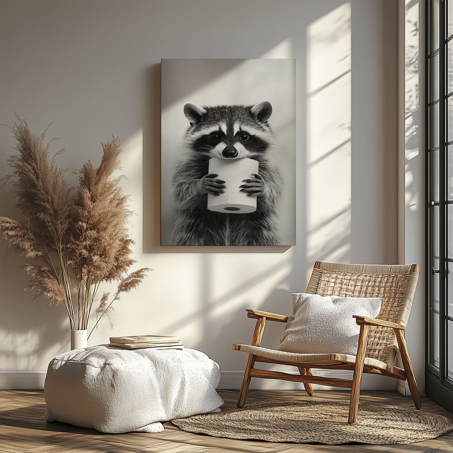 Funny raccoon canvas wall art featuring a raccoon holding a toilet paper roll in black and white minimalist style