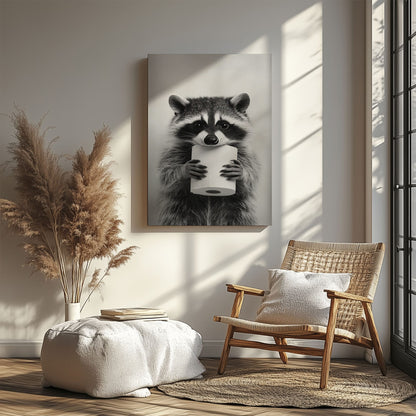 Funny raccoon canvas wall art featuring a raccoon holding a toilet paper roll in black and white minimalist style