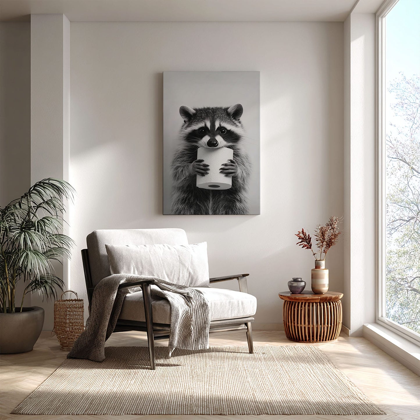 Funny raccoon canvas wall art featuring a raccoon holding a toilet paper roll in black and white minimalist style