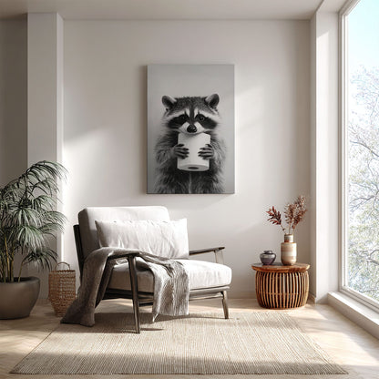 Funny raccoon canvas wall art featuring a raccoon holding a toilet paper roll in black and white minimalist style