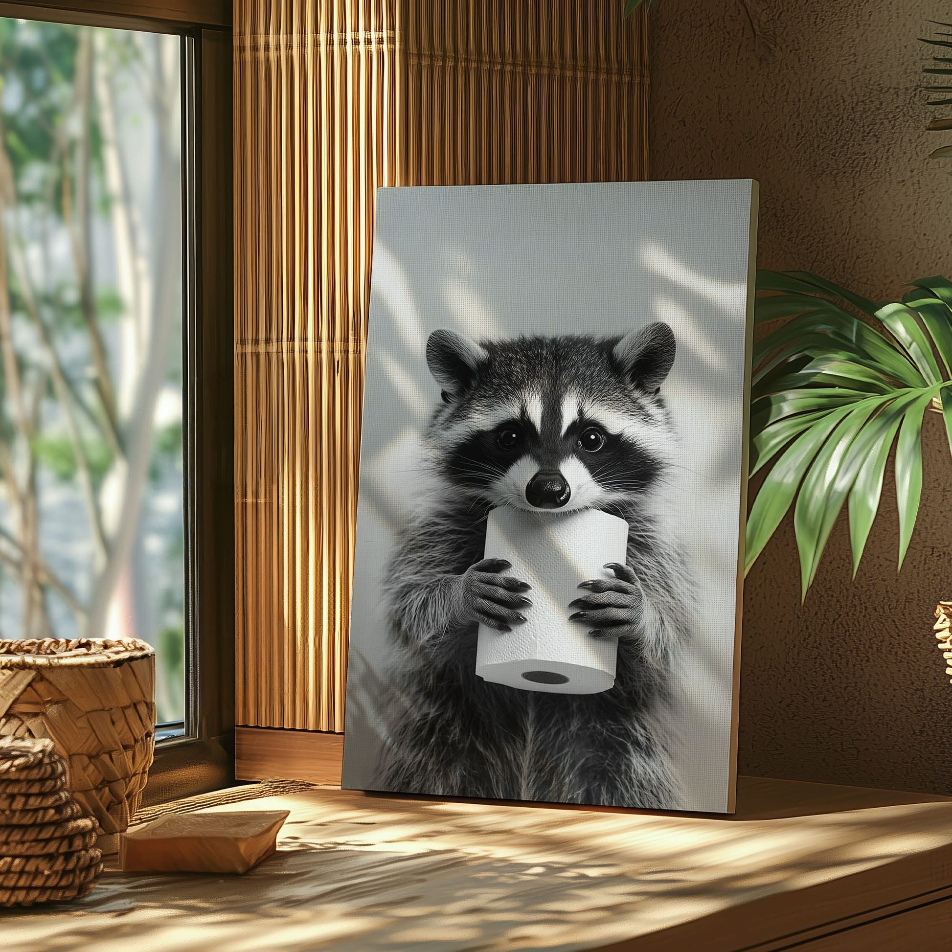 Funny raccoon canvas wall art featuring a raccoon holding a toilet paper roll in black and white minimalist style