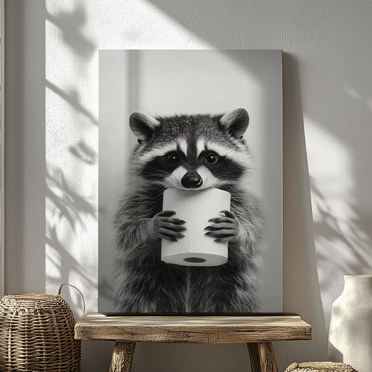 Funny raccoon canvas wall art featuring a raccoon holding a toilet paper roll in black and white minimalist style