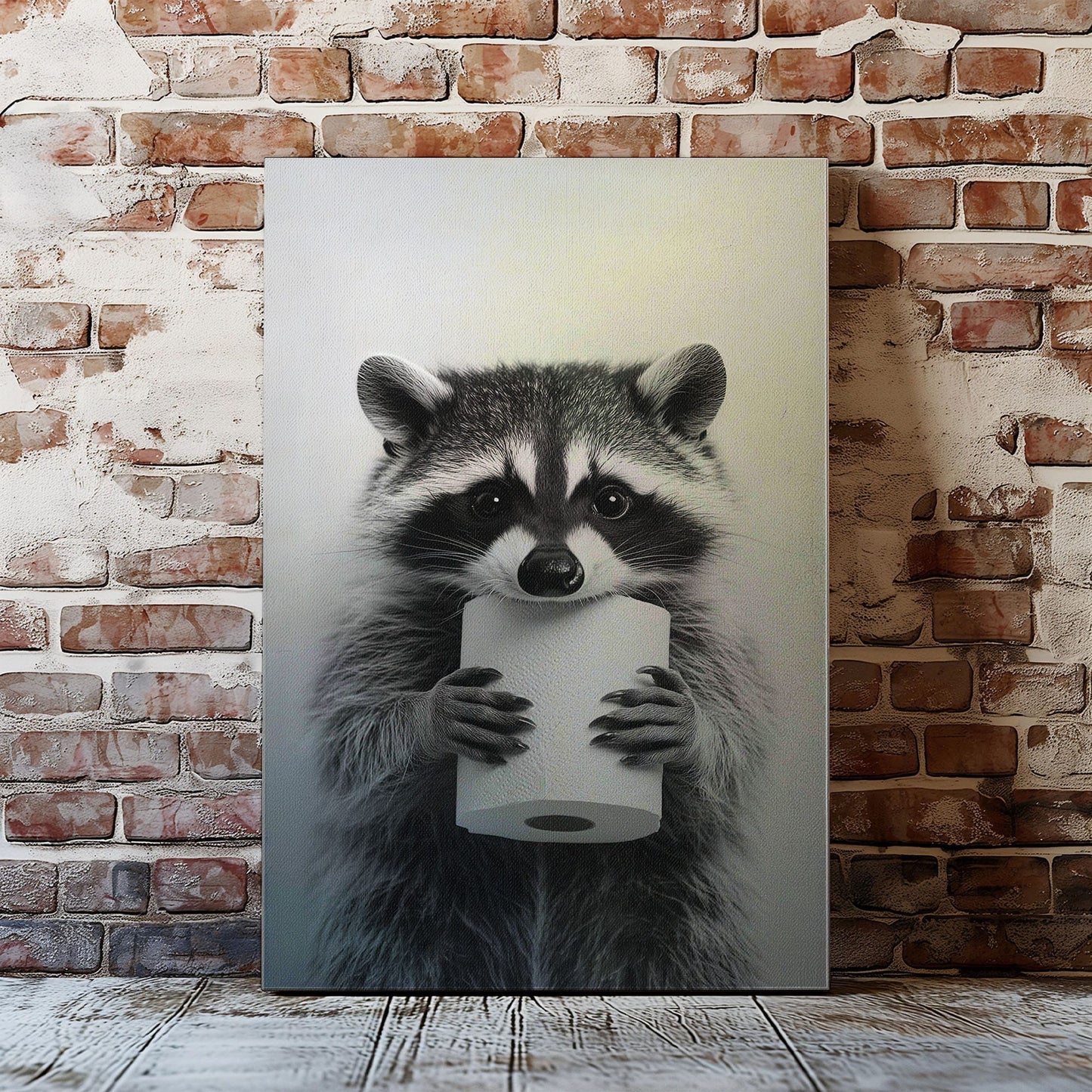 Funny raccoon canvas wall art featuring a raccoon holding a toilet paper roll in black and white minimalist style