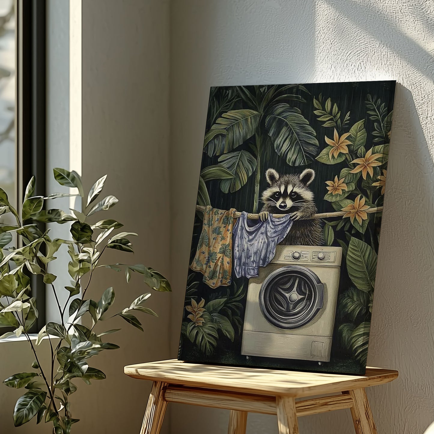 Laundry raccoon canvas wall art featuring a raccoon with washing machine and hanging clothes among green tropical plants and yellow flowers