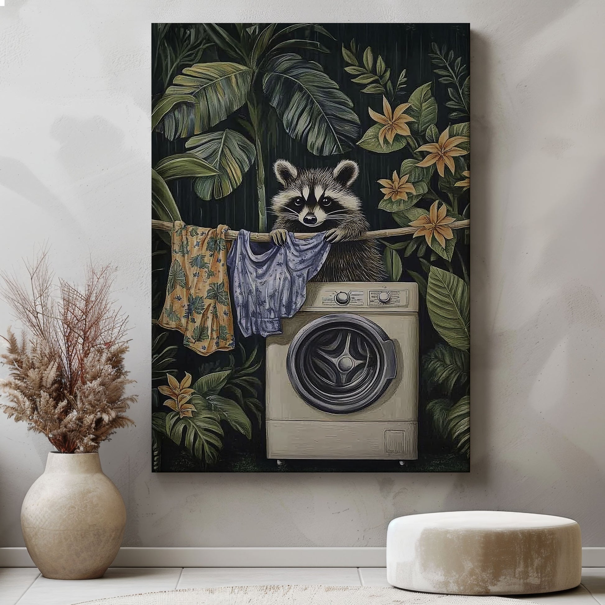 Laundry raccoon canvas wall art featuring a raccoon with washing machine and hanging clothes among green tropical plants and yellow flowers
