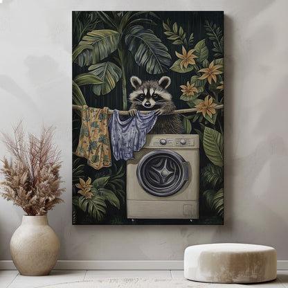 Laundry raccoon canvas wall art featuring a raccoon with washing machine and hanging clothes among green tropical plants and yellow flowers