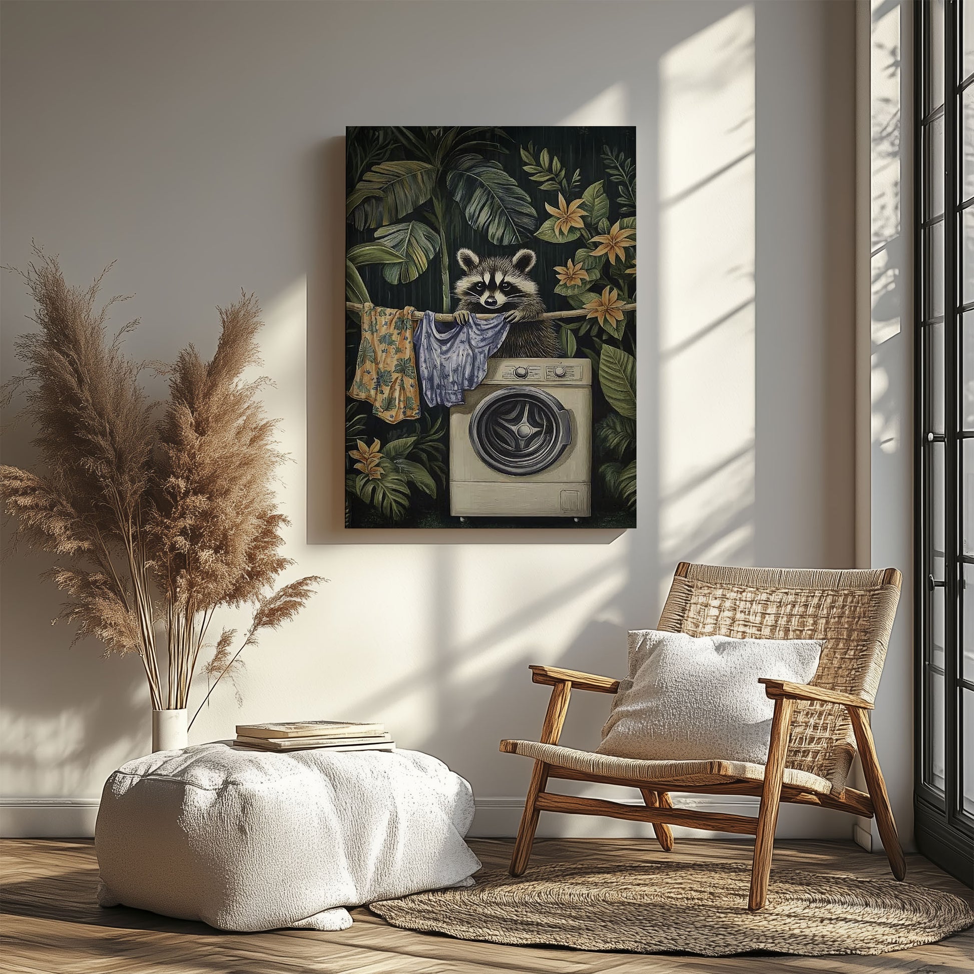 Laundry raccoon canvas wall art featuring a raccoon with washing machine and hanging clothes among green tropical plants and yellow flowers