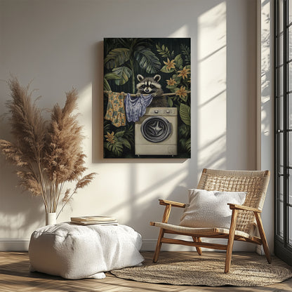 Laundry raccoon canvas wall art featuring a raccoon with washing machine and hanging clothes among green tropical plants and yellow flowers