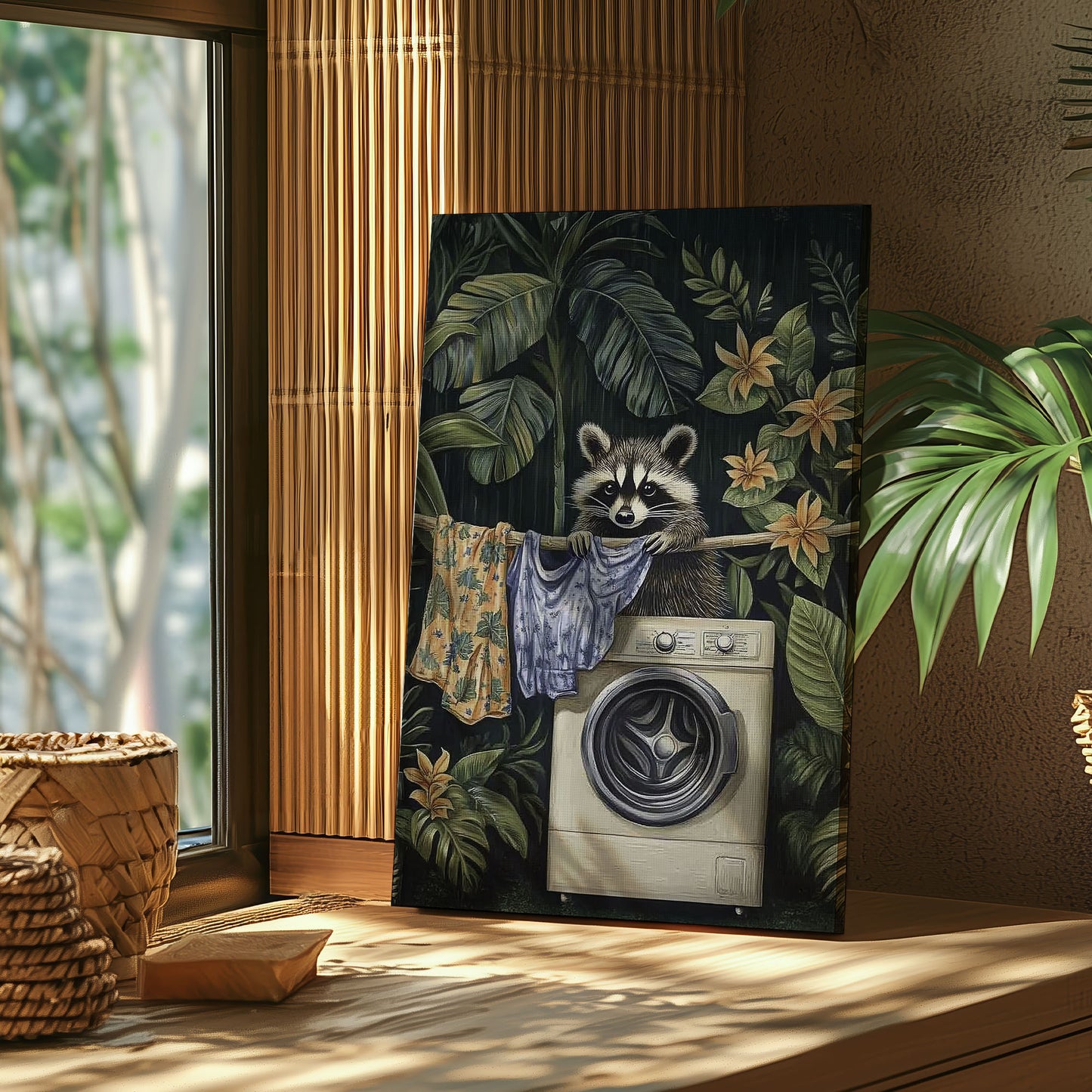 Laundry raccoon canvas wall art featuring a raccoon with washing machine and hanging clothes among green tropical plants and yellow flowers