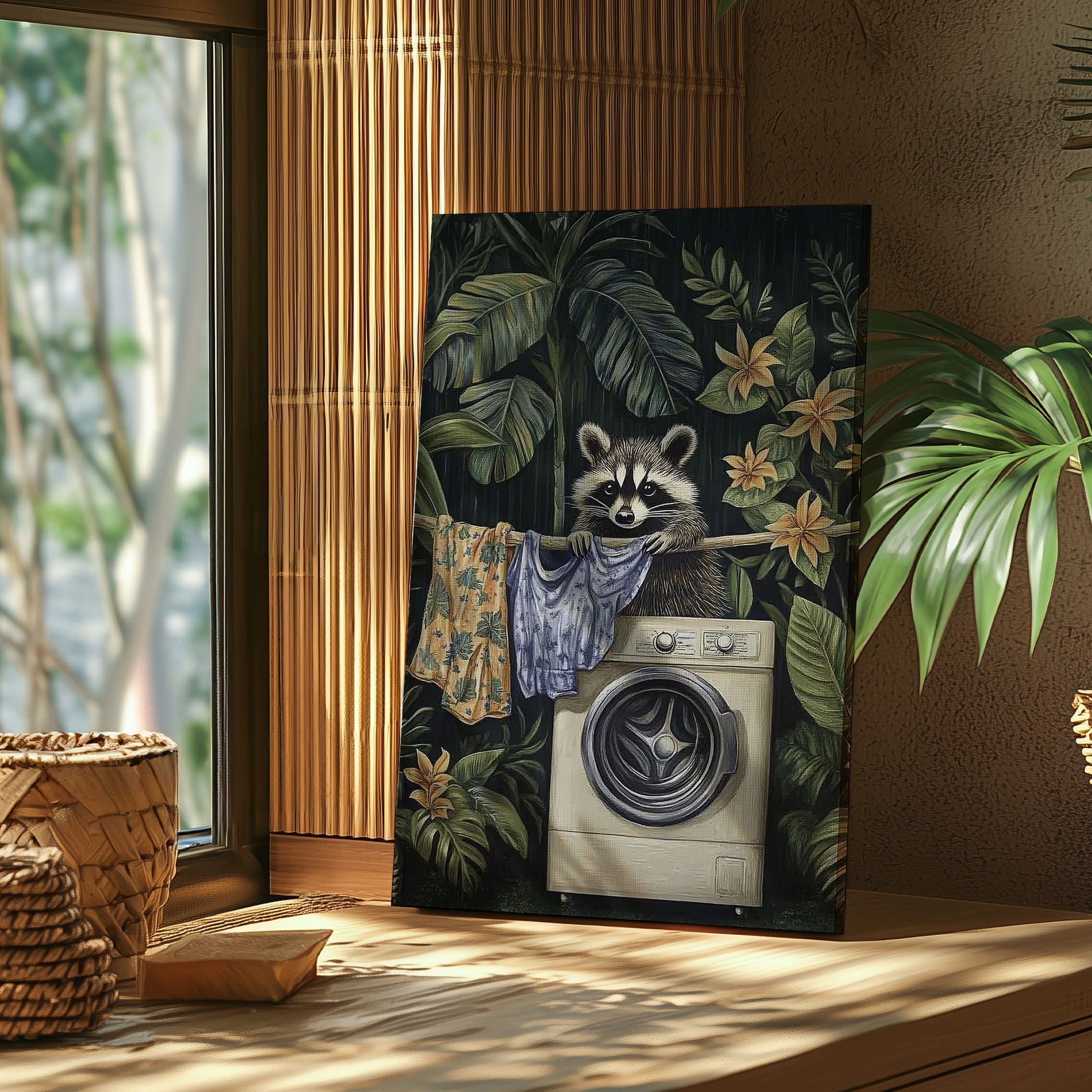 Laundry raccoon canvas wall art featuring a raccoon with washing machine and hanging clothes among green tropical plants and yellow flowers