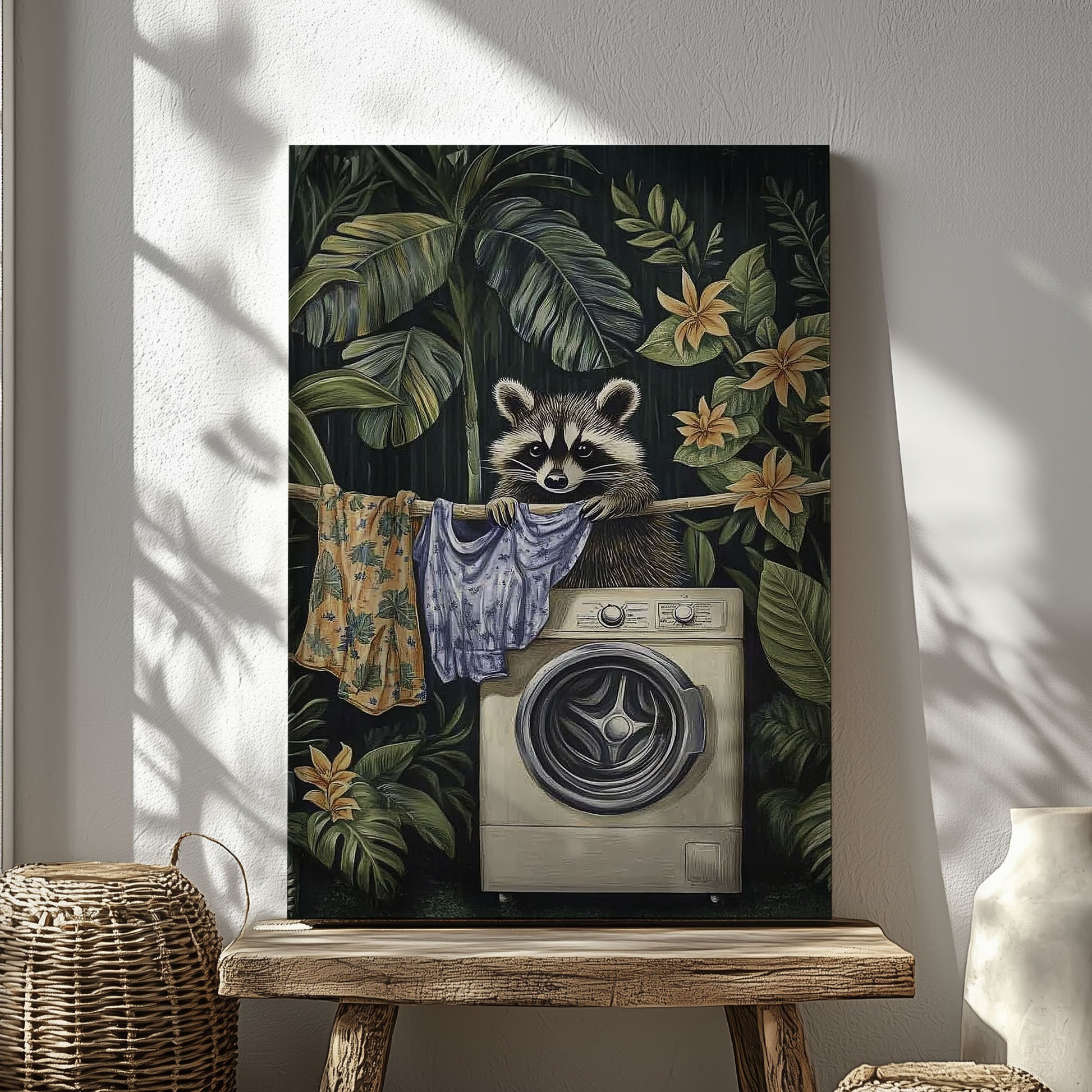 Laundry raccoon canvas wall art featuring a raccoon with washing machine and hanging clothes among green tropical plants and yellow flowers