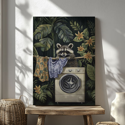 Laundry raccoon canvas wall art featuring a raccoon with washing machine and hanging clothes among green tropical plants and yellow flowers