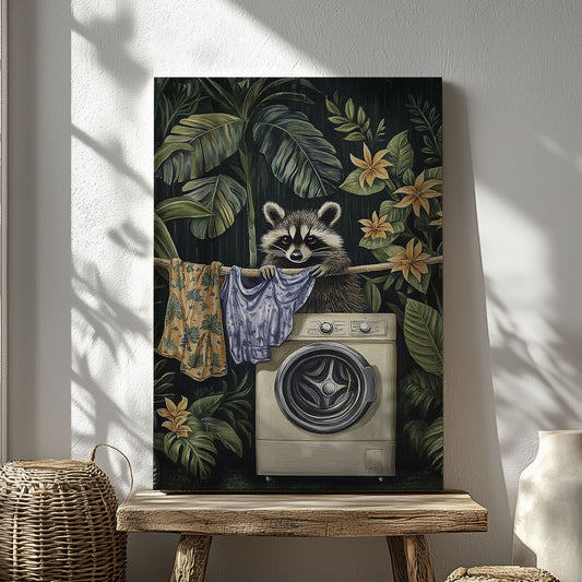 Laundry raccoon canvas wall art featuring a raccoon with washing machine and hanging clothes among green tropical plants and yellow flowers