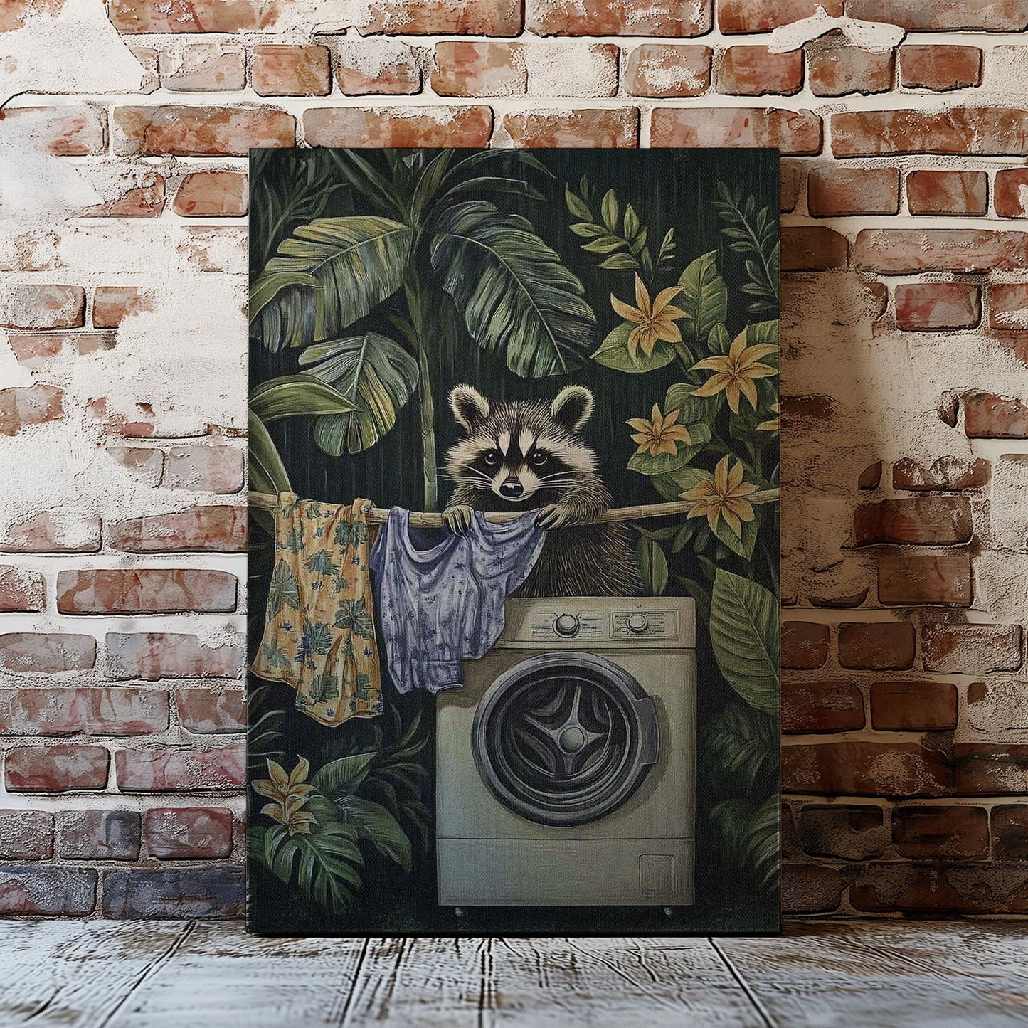 Laundry raccoon canvas wall art featuring a raccoon with washing machine and hanging clothes among green tropical plants and yellow flowers