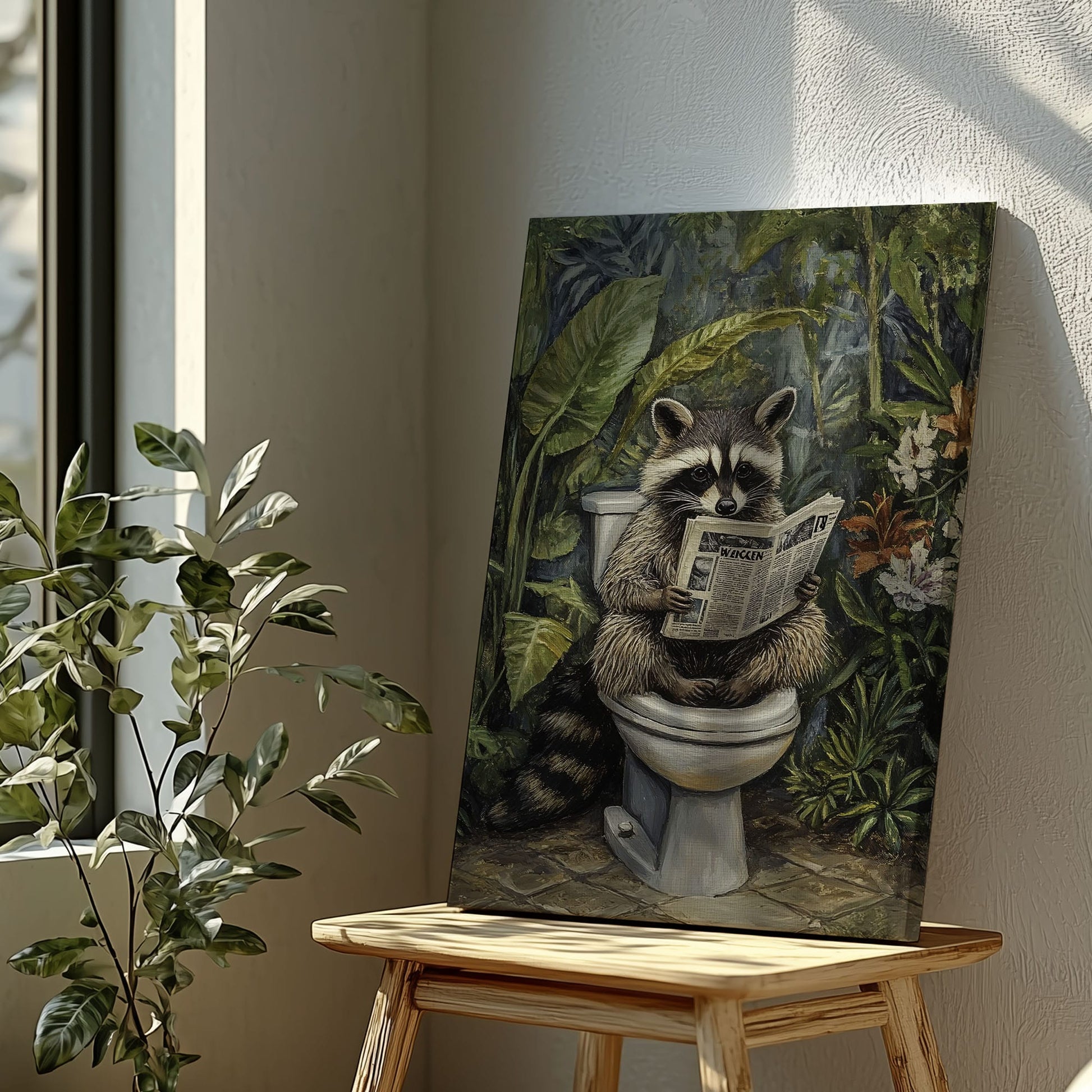 Bathroom raccoon canvas wall art featuring a raccoon sitting on toilet reading a newspaper surrounded by green tropical plants