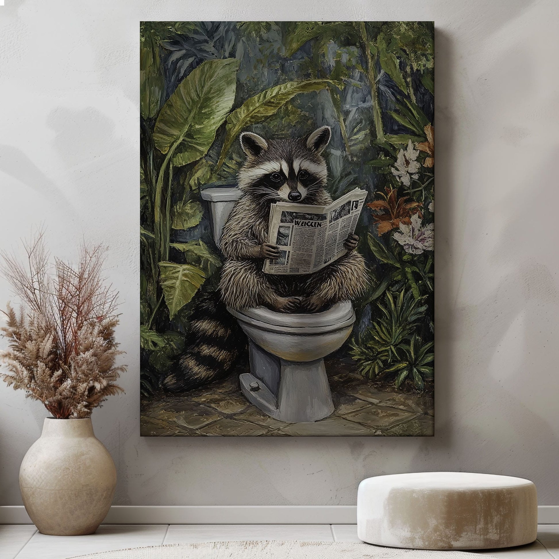Bathroom raccoon canvas wall art featuring a raccoon sitting on toilet reading a newspaper surrounded by green tropical plants