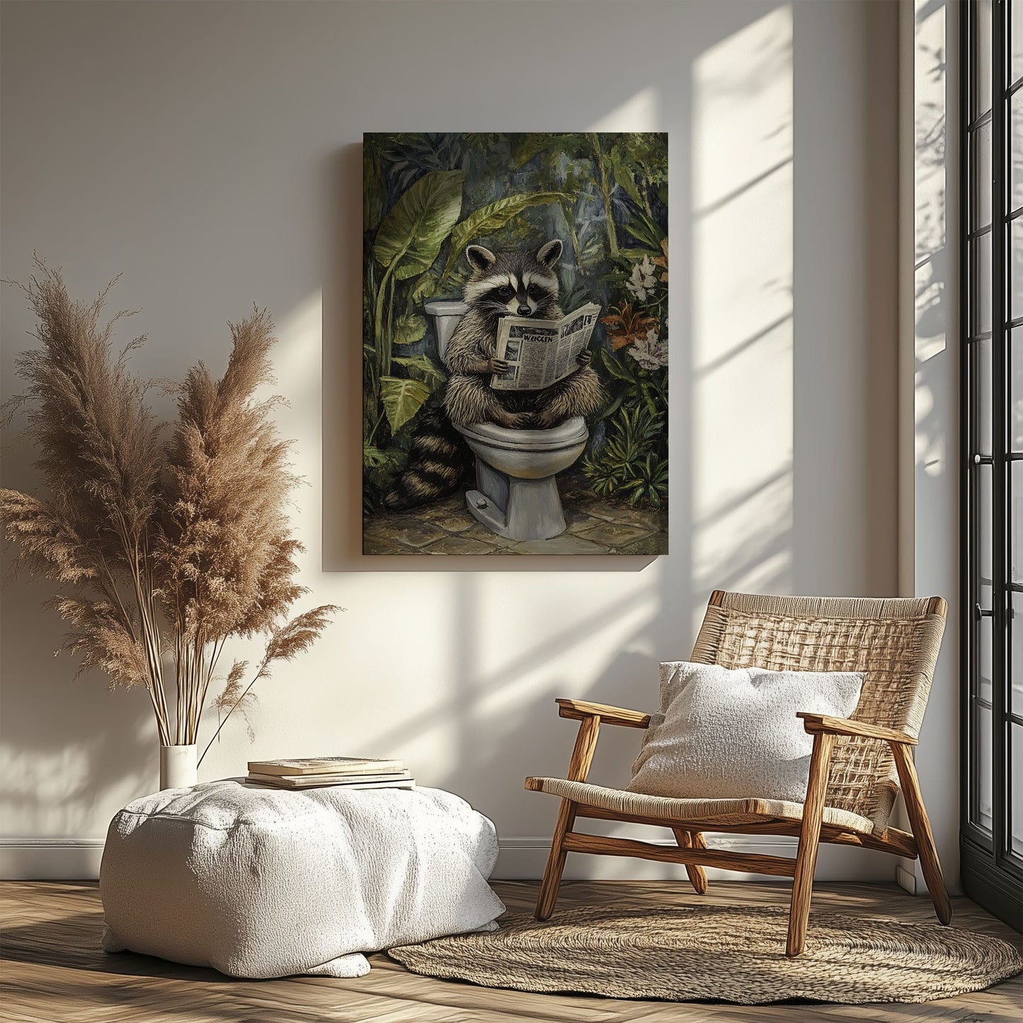 Bathroom raccoon canvas wall art featuring a raccoon sitting on toilet reading a newspaper surrounded by green tropical plants