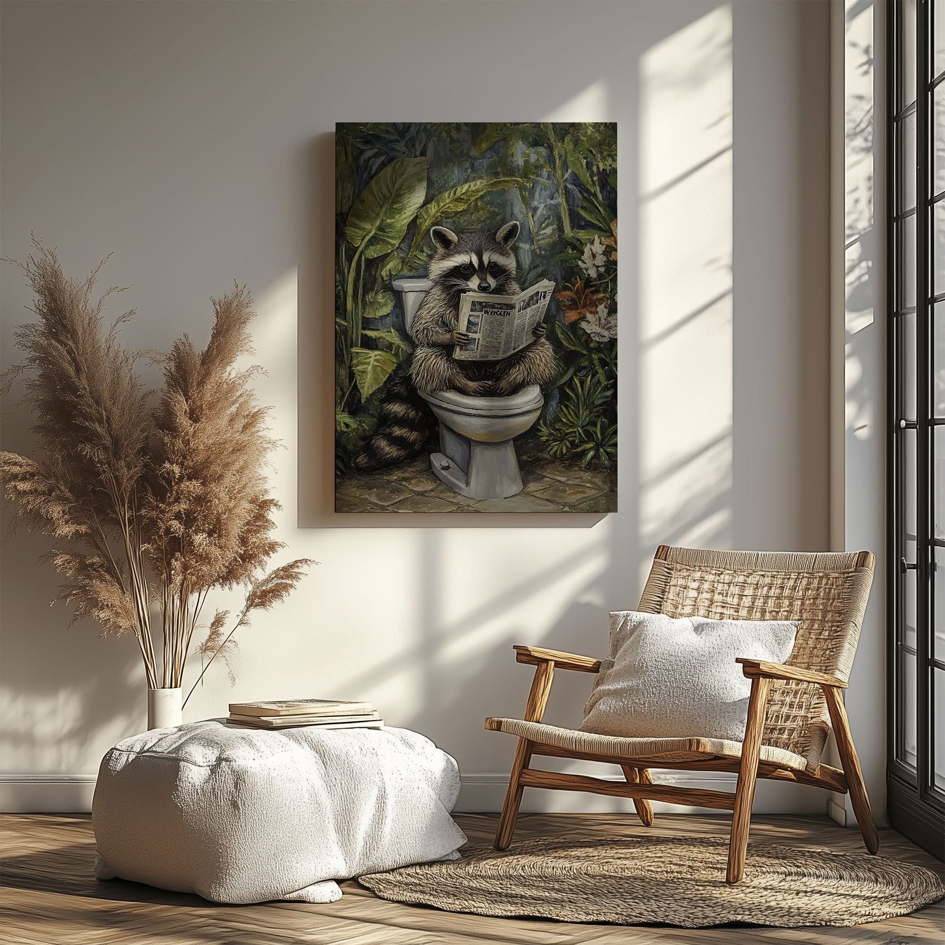 Bathroom raccoon canvas wall art featuring a raccoon sitting on toilet reading a newspaper surrounded by green tropical plants