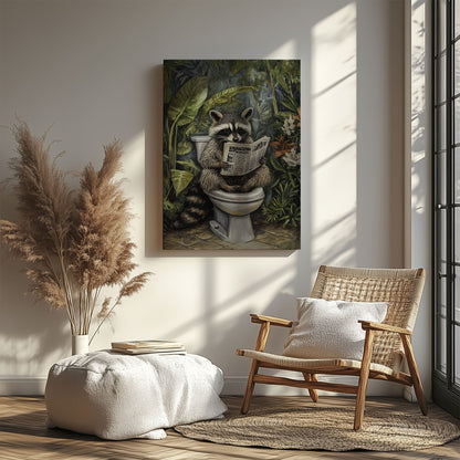 Bathroom raccoon canvas wall art featuring a raccoon sitting on toilet reading a newspaper surrounded by green tropical plants