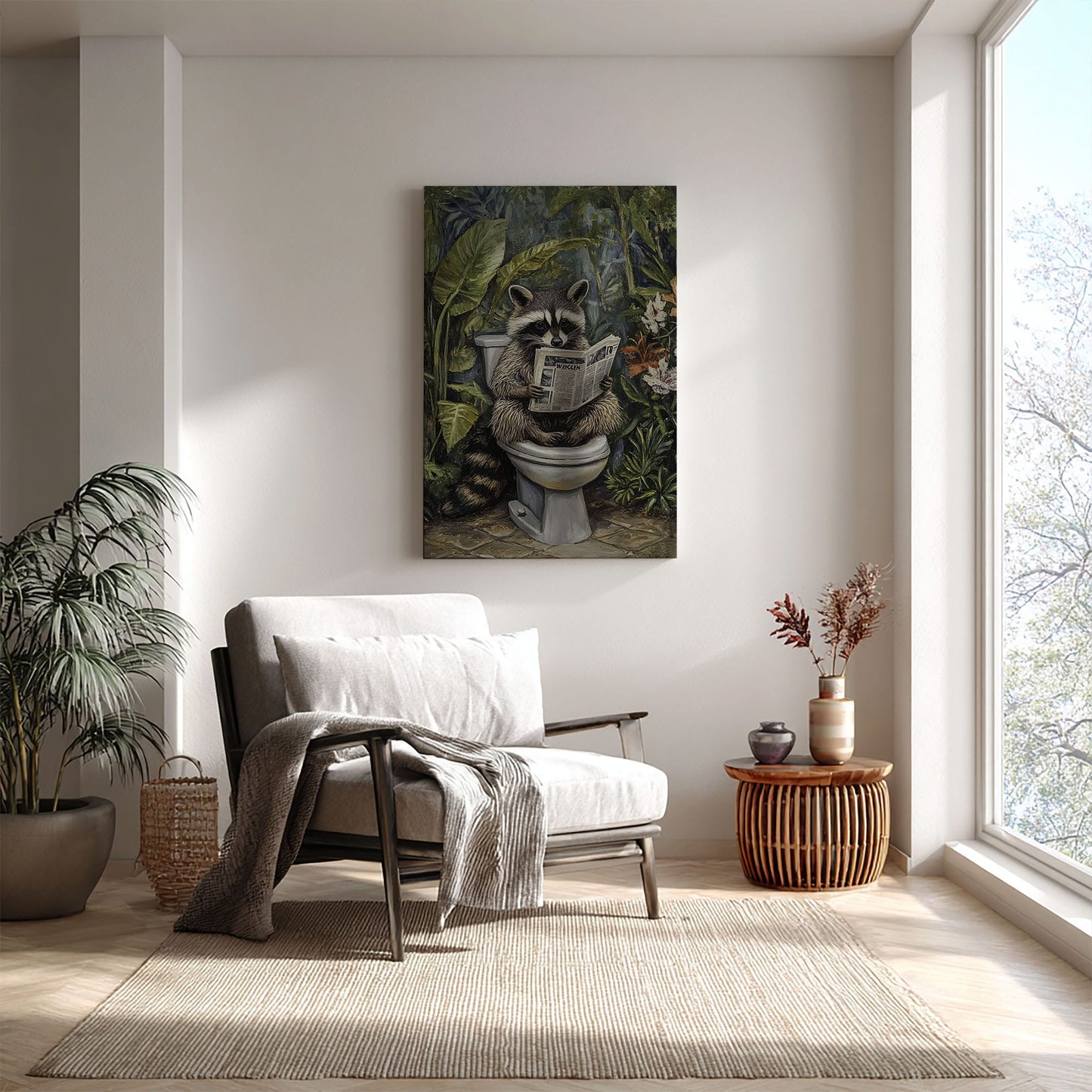 Bathroom raccoon canvas wall art featuring a raccoon sitting on toilet reading a newspaper surrounded by green tropical plants